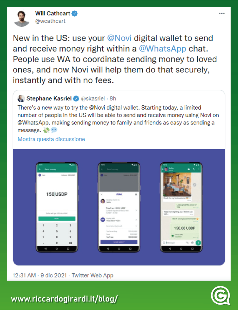 pagamenti whatsapp l'annuncio